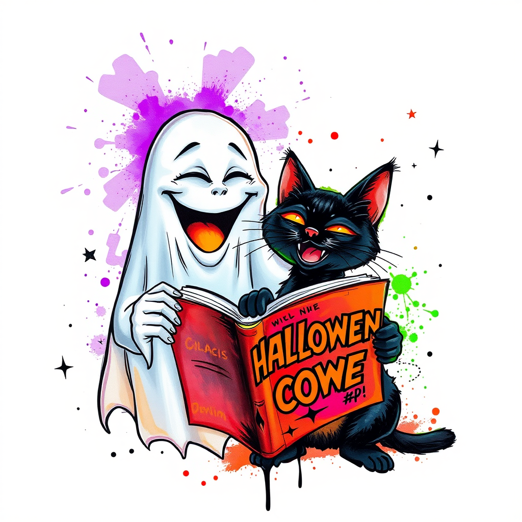 Image of a ghost and a black cat laughing exaggeratedly , and reading a comic halloween comic book, alcohol ink airbrush style, funny halloween theme, white background with neon purple, neon orange, neon green splash, black sparkles stars , dazzling BG