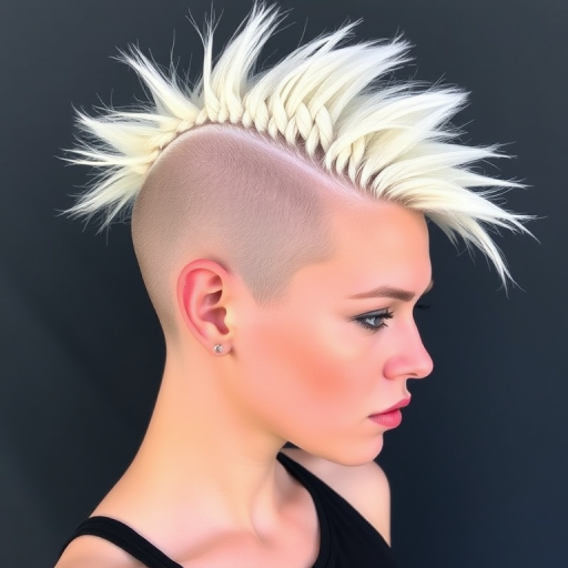 Icy platinum blonde hair styled in a braided mohawk with shaved sides, the Frozen Warrior style showcases bold creativity and fierce individuality