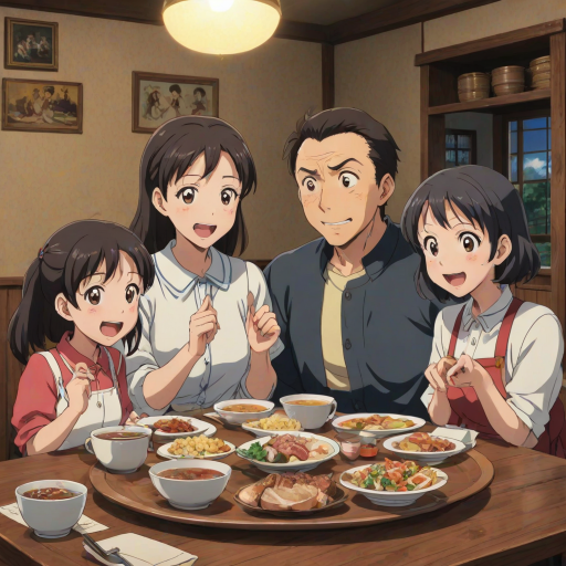 isekai anime style poster depicting a happy Family of four, a surprised dad sitting at a table with his wife and two kids eating something; the movie title clearly reads "OH NO! I HAVE BECOME A FAMILY MAN WITH A DOTING WIFE AND LOVABLE KIDS!", written in clear and exact letters