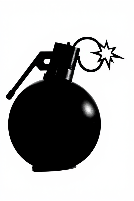 Create a high-contrast vector style image of a bomb with a fuse, using a wide-angle lens, f/8 aperture, 1/250s shutter speed, and ISO 100, focus on the silhouette against a plain white background.