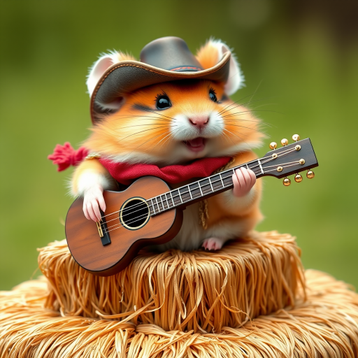 A chibi hamster, dressed as a cowboy, playing guitar, sitting on a hay bale