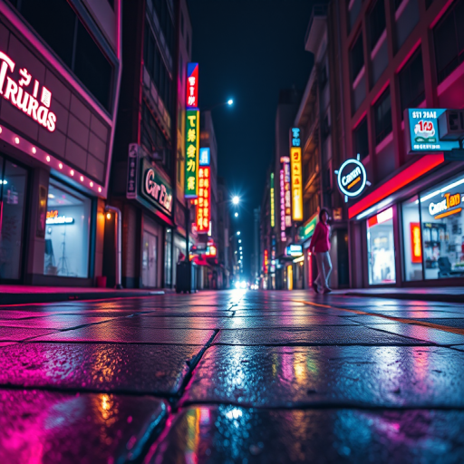 Create a vibrant urban night scene with neon lights reflecting on wet pavement, using a Canon EOS R5 with a 24mm lens at f/2.8, ISO 400, 1/60s exposure, wide-angle view, in a cinematic style to enhance image quality.