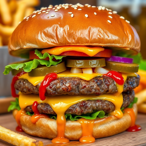 High-resolution, close-up image of a gourmet double cheeseburger. The burger features a glossy, sesame-seed-topped brioche bun. Inside, there are two thick, juicy beef patties, each topped with melted cheddar cheese. The burger is garnished with fresh lettuce, tomato slices, diced onions, and pickles. A generous amount of ketchup and a creamy, orange-colored sauce is dripping down the sides, adding to the mouth-watering appeal. In the background, there are blurred elements including a side of golden French fries and a hint of a beverage, enhancing the overall presentation of a delicious meal.