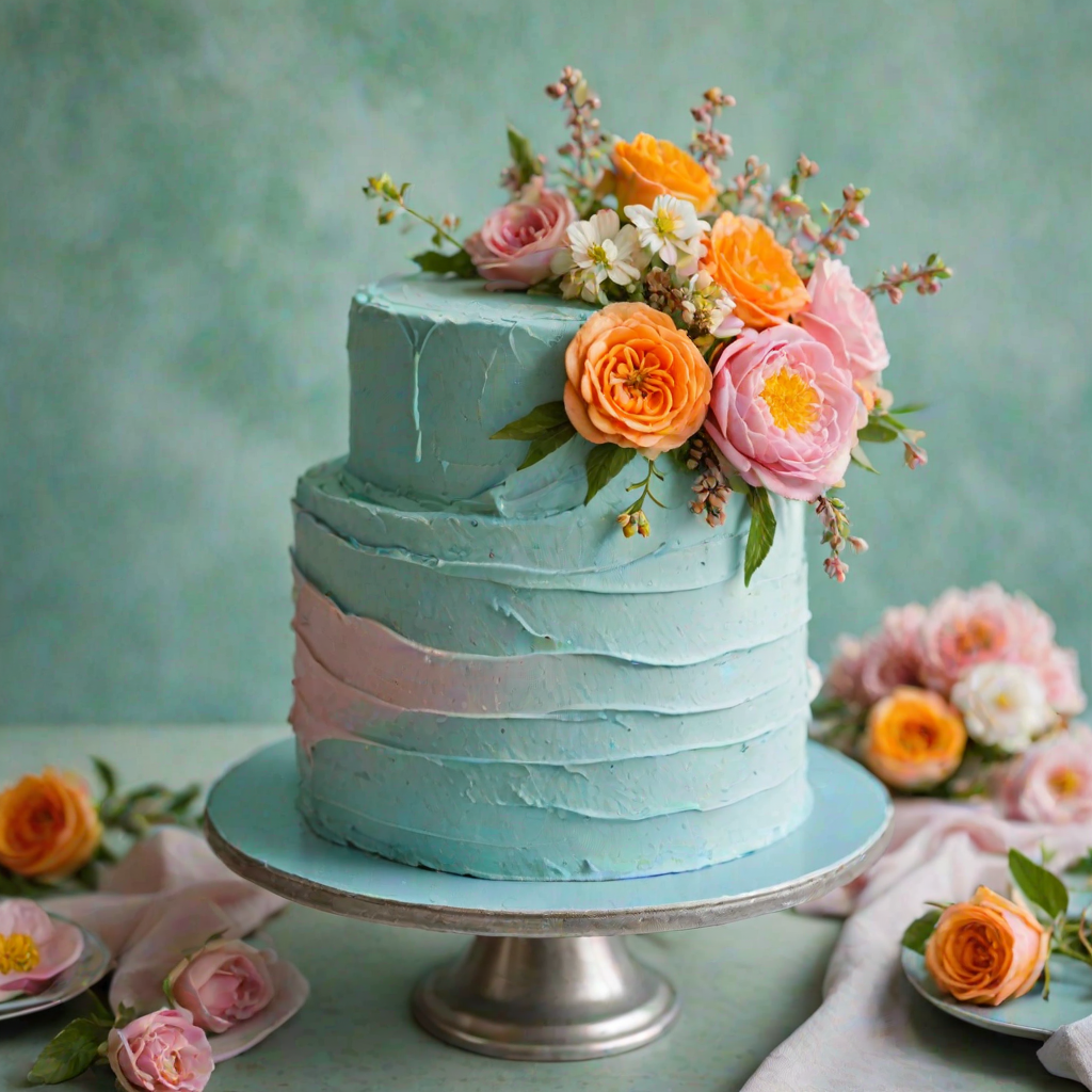 Create an image of a two-tiered cake with a light blue frosting. The cake should be adorned with colorful, delicate flowers in shades of pink, orange, and yellow, cascading down the sides. It should be displayed on a shiny silver cake stand, set against a lush green background.