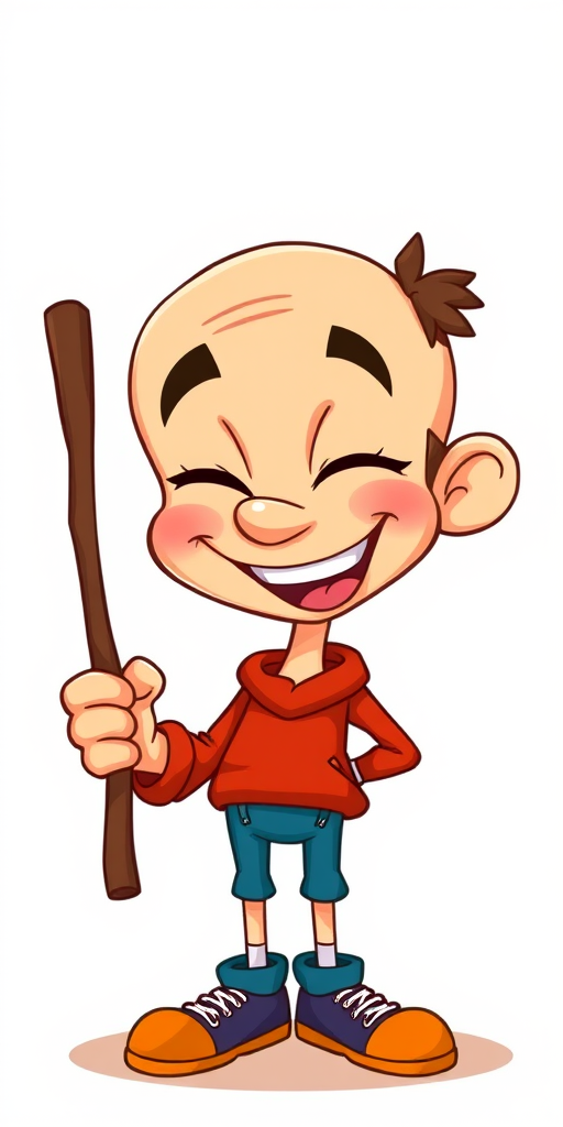 Create a cartoon-style illustration of a cheerful character with a bald head and sideburns, winking while holding a stick, with vibrant colors and a playful expression, using a digital drawing tablet, in a high-resolution format, 300 DPI, with a front view composition.