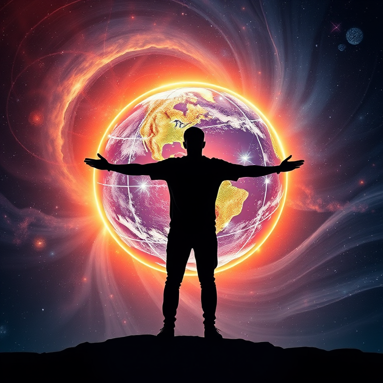 Create a digital artwork featuring a silhouetted figure with arms outstretched in front of a glowing, interconnected globe surrounded by a cosmic background with swirling colors and patterns, using a Canon EOS R camera, ISO 100, f/8 aperture, 24mm lens, and HDR imaging technique to enhance details and contrast.