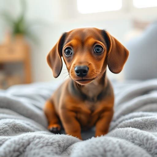 Cute brown dachshund puppy with big eyes sitting on a soft grey blanket looking directly at the camera in a well-lit environment.