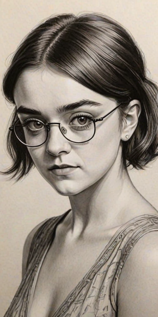 Fetching Maisie Williams, pencil sketch, portrait of Exquisite woman 1920s in glasses, hair style beatnik, outline, clear lines, fine lines, 8k