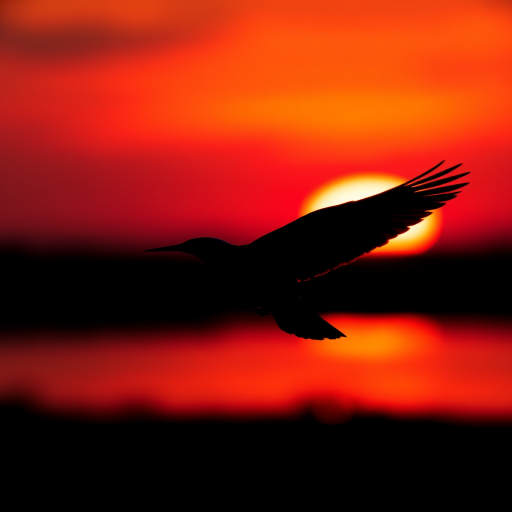 Create a high-resolution image of a silhouette of a bird in flight against a vibrant sunset background with a Canon EOS R5, 85mm lens, f/1.8, ISO 100, 1/1000s, capturing a wide-angle view in a dramatic style.
