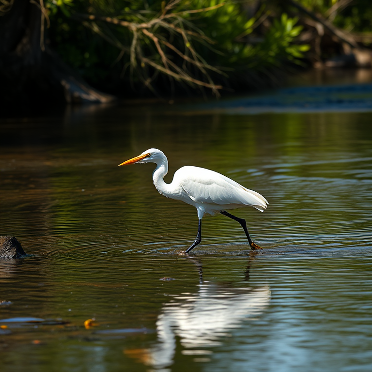 Create a high-resolution image of a white heron walking through a shallow river, captured with a Canon EOS 5D Mark IV, 85mm lens, aperture f/4, shutter speed 1/500 sec, ISO 200, in natural daylight setting.