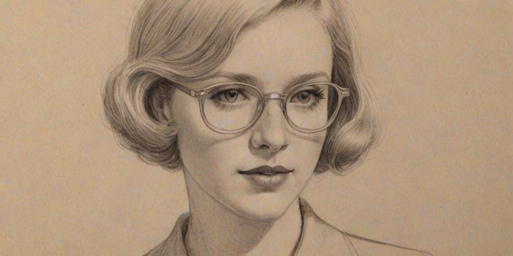 Wonderful Molly C. Quinn, pencil sketch, portrait of Beauteous woman 1931s in glasses, hair style beatnik, outline, clear lines, fine lines, 8k