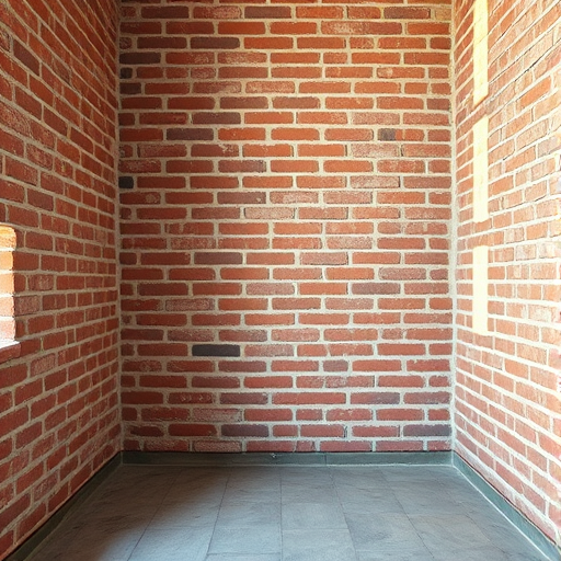 Create a high-resolution image of an empty interior space with walls made of weathered red bricks, showcasing the texture and colors in detail, using a 50mm lens, f/8 aperture, ISO 100, shot in natural light with a wide-angle perspective from a corner to emphasize depth.