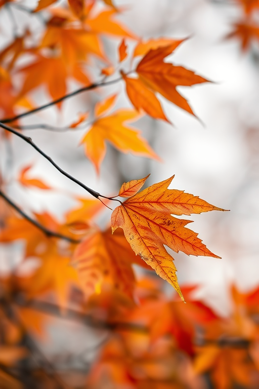 autumn leaves on branches with soft focus background, close-up shot, 50mm lens, aperture f/2.8, ISO 200, natural light, DSLR camera