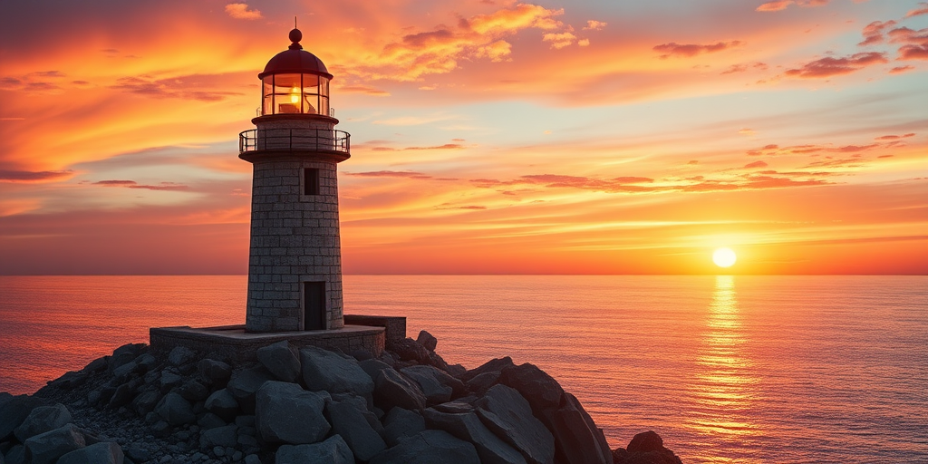 Generate an image of a tall lighthouse perched on a rocky outcrop surrounded by calm ocean waters during a breathtaking sunset. The lighthouse stands sturdy and weathered, its stone surface illuminated by the warm golden light of the setting sun. The sun's rays pass directly through the glass lantern room at the top of the lighthouse, casting a brilliant light across the scene. The sky is painted with vibrant shades of orange, pink, and purple, reflecting off the tranquil sea. The surrounding water shimmers with the same warm hues, creating a serene and majestic atmosphere.