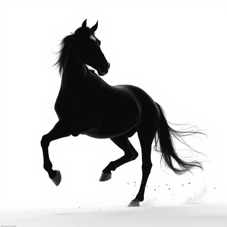 Create a high-resolution image of a black silhouette of a horse running against a bright white background, shot with a DSLR camera at f/2.8 aperture, ISO 100, and a shutter speed of 1/1000s, using a side view perspective for dynamic effect.