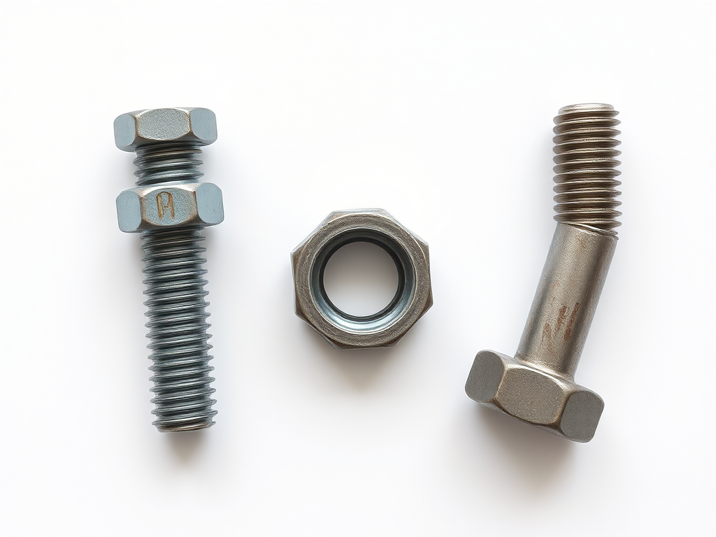 A high-resolution image of three distinct types of bolts and one nut arranged neatly on a white background, captured with a Canon EOS R5 camera using a 50mm f/1.2 lens, aperture set to f/4, ISO 100, shutter speed 1/200s, top view, soft natural lighting to enhance details and textures.