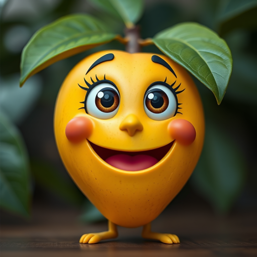 Create a vibrant cartoon-style image of a smiling mango character with large eyes and a pink mouth, using a DSLR camera with a 50mm lens, aperture set to f/1.8, ISO 100, and a soft focus background for depth.