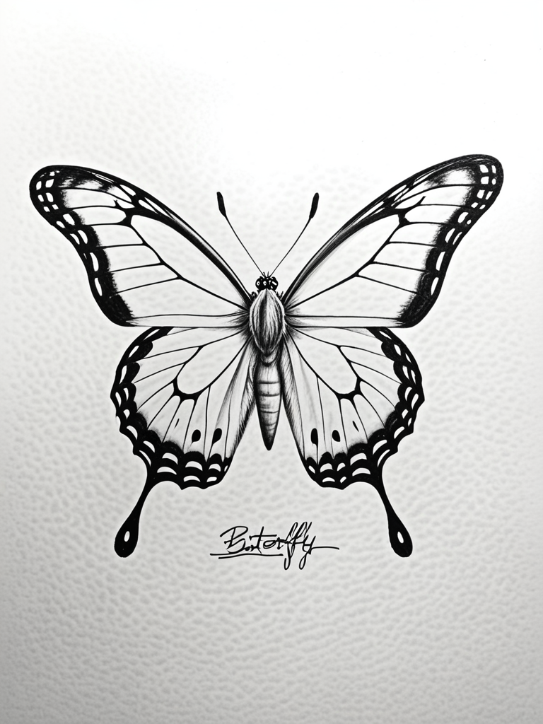 Intricate Black and White Illustration of a Detailed Butterfly Design