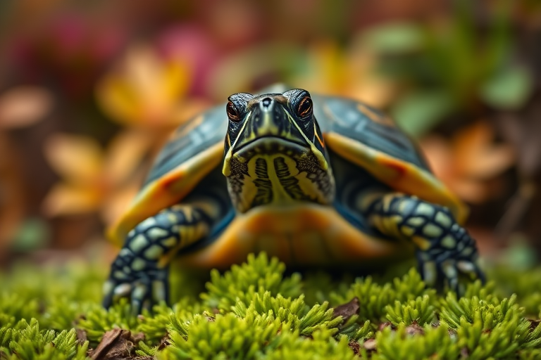 Generate a hyper-realistic close-up image of a turtle sitting on green moss with vibrant foliage in the background, using a DSLR camera at f/2.8, ISO 100, 85mm lens, shallow depth of field, soft natural lighting for enhanced details and colors.
