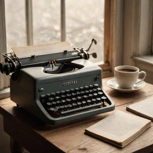 Close-up of a vintage typewriter on a wooden desk, soft natural light from a nearby window illuminating the keys, with an unfinished manuscript and a cup of coffee beside it.
