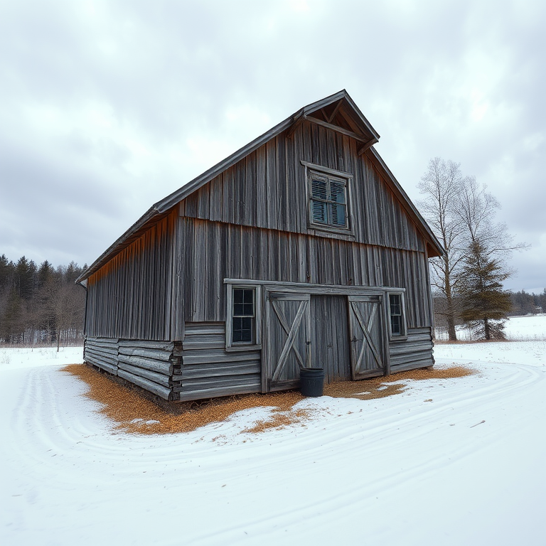 A rustic wooden barn on a snowy landscape with a clouded sky, captured in a wide-angle view with a DSLR camera, settings: aperture f/8, ISO 200, shutter speed 1/200s, emphasizing the details in the barn and the surrounding trees.