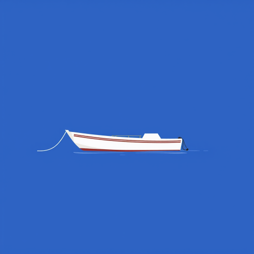 Create a digital illustration of a minimalist boat on water, using a flat design style with a blue background and white accents, captured with a DSLR camera at f/8 aperture, ISO 100, 50mm lens, from a slightly elevated angle to enhance clarity and detail.