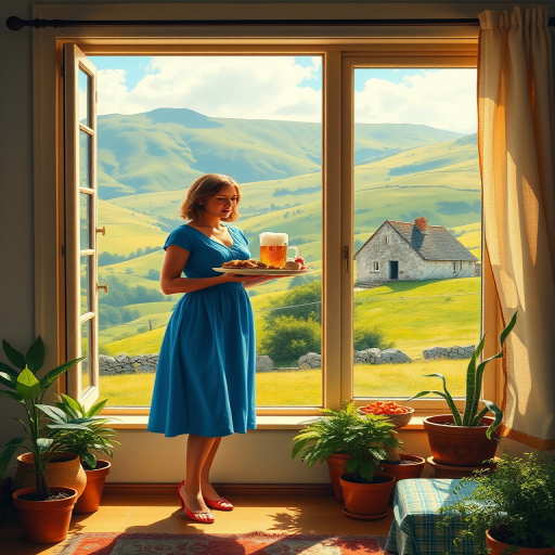In "A Glass of Beer on the Highland," a serene scene is depicted in a sunlit room where a woman in a vibrant blue dress stands by a large window. She holds a tray with a hearty meal and a frothy glass of beer, embodying a moment of relaxation. Outside, the breathtaking highland landscape features rolling green hills and a charming traditional house, all bathed in warm afternoon light. The interior is adorned with potted plants, creating a harmonious blend of comfort and nature. The painting beautifully captures the tranquility and joy found in simple pleasures amidst stunning scenery