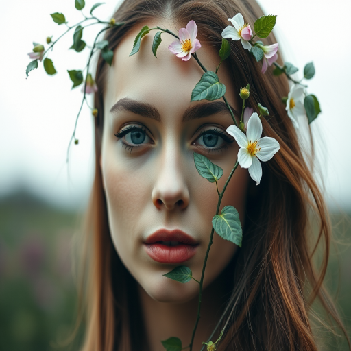 Regenerate the image of a woman with flowers and vines subtly integrated into her facial features, captured in soft natural light with a shallow depth of field, using a full-frame DSLR camera with a 50mm lens at f/1.8, ISO 100, and a slightly overcast sky for even lighting.