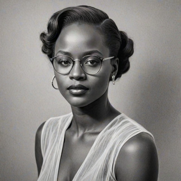 Fetching Lupita Nyong'o, pencil sketch, portrait of Beauteous woman 1930s in glasses, hair style beatnik, outline, clear lines, fine lines, 8k
