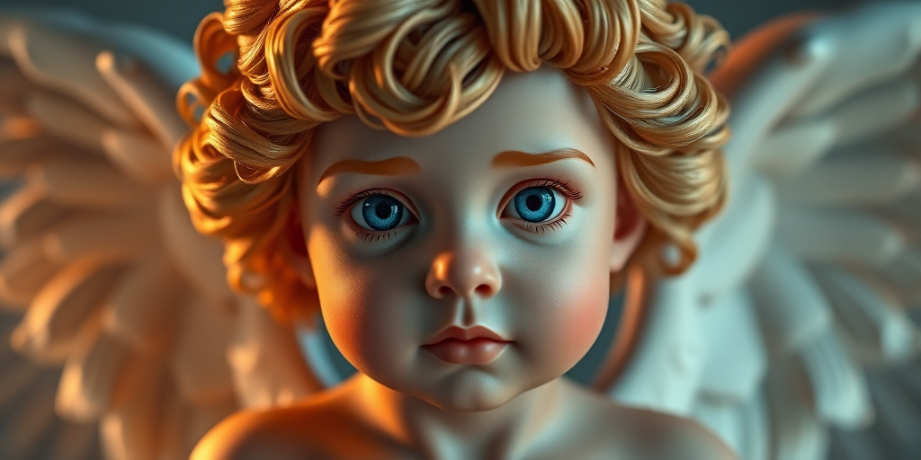 Create a hyper-realistic 3D render of a cherubic angel with detailed facial features and golden curly hair, soft lighting with dramatic shadows, using a DSLR camera at f/1.8 aperture, 50mm lens, ISO 100, 1/200 sec exposure, front view, in high dynamic range mode.