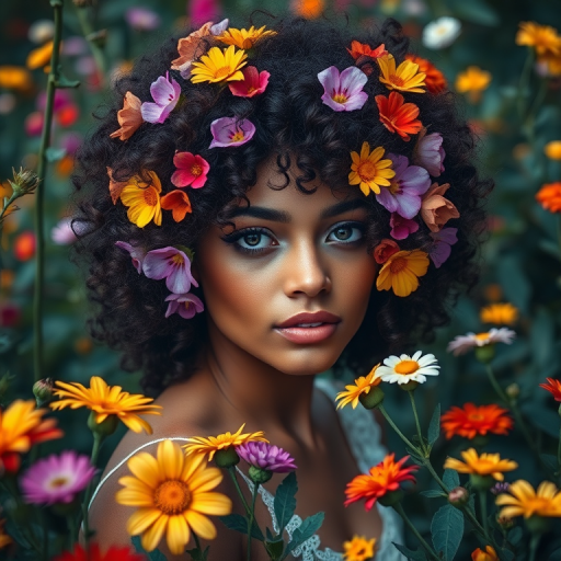 Generate a portrait of a woman with curly hair adorned with flowers, surrounded by vibrant, colorful flowers in a mystical garden, shot with a Canon EOS R5, 50mm lens at f/1.8, ISO 100, with soft diffused lighting and a shallow depth of field to create a dreamy atmosphere.