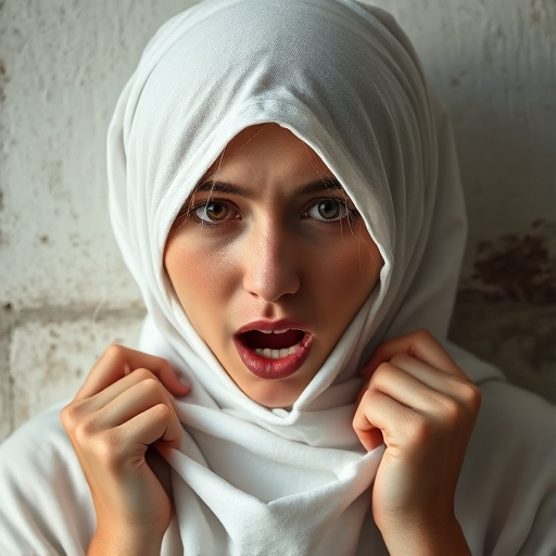Create a close-up photographic image of a Tajik woman with light skin tones shown against an old, worn wall. Their head is wrapped in a white cloth covering (i.e.... parts of the head except the nose and mouth, which are open as if they are screaming...), with a slight texture and visible folds in the fabric. Thin strands of blonde hair escape from the wrapping above, falling lightly at the top and sides. Their hands hold the fabric as if they are tugging nervously. The lighting is dramatic and even, casting strong shadows. The image has a minimalist and surreal style with an emphasis on simplicity with soft color tones. The composition is centered.