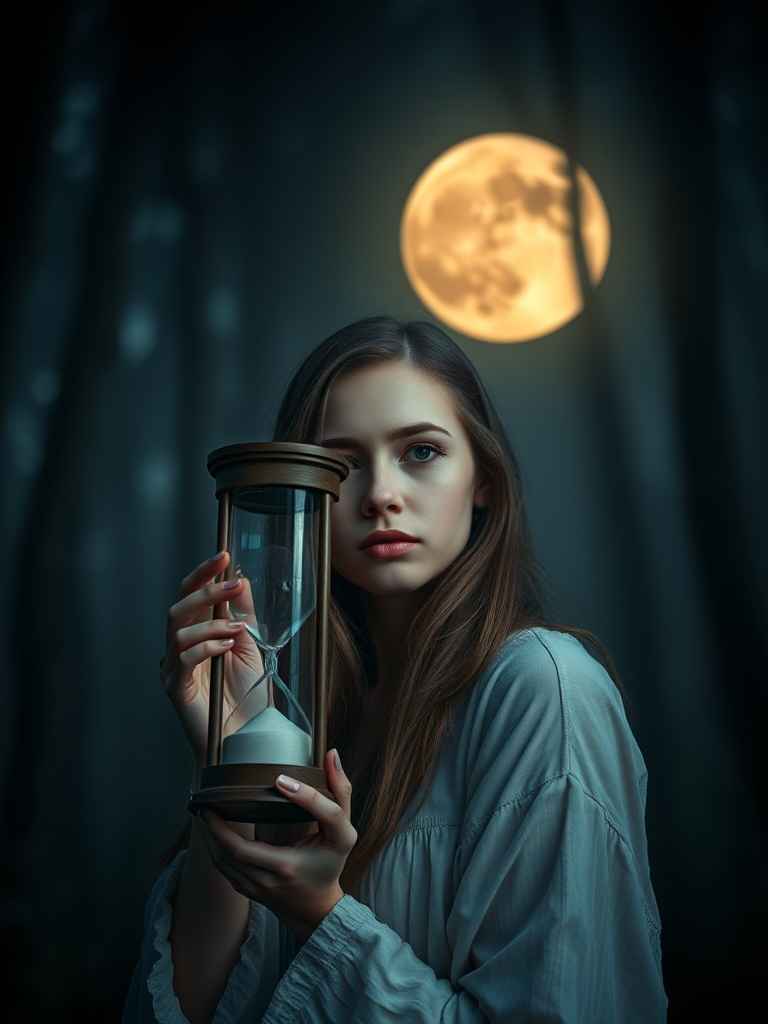 Portrait of a young woman holding an hourglass under a full moon in a dark, misty forest, with soft focus and ethereal lighting, shot with a Canon EOS R5 at f/1.8, ISO 100, 50mm lens, shallow depth of field, cinematic style.