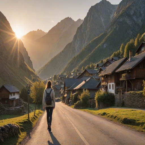 Mountain village at sunrise, the peaks glowing in the early morning light, a woman walks slowly through the quiet streets, her hands in her pockets, enjoying the peaceful start to the day.