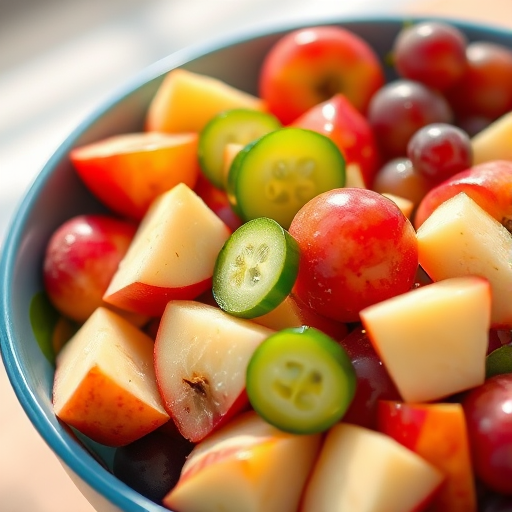 High-resolution digital illustration of a fruit salad in a blue bowl, featuring vibrant apples, grapes, and cucumbers; soft natural lighting, shallow depth of field, macro lens, DSLR camera settings: f/2.8, ISO 100, 50mm focal length, enhanced color saturation.