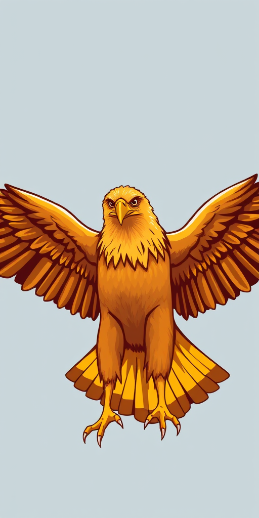 Create a bold and stylized illustration of a golden eagle with outstretched wings, using a vibrant color palette of warm golds and browns, captured in a high-resolution format with a DSLR camera set to f/2.8, ISO 100, shutter speed 1/500s, taken from a low angle to emphasize the majestic wingspan and detail of the feathers.
