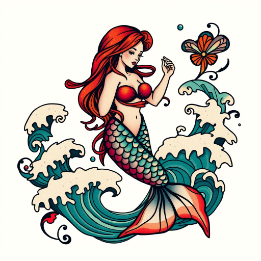 Neotraditional mermaid tattoo featuring bold outlines, saturated colors, and stylized waves, incorporating elements of Art Nouveau with flowing lines and decorative flourishes for a captivating nautical design