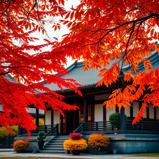 regenerate an image of a traditional Asian building surrounded by vibrant autumn leaves, captured with a Canon EOS 5D Mark IV, 50mm lens, f/2.8 aperture, ISO 100, at sunset, shallow depth of field, soft focus background for enhanced detail and color saturation
