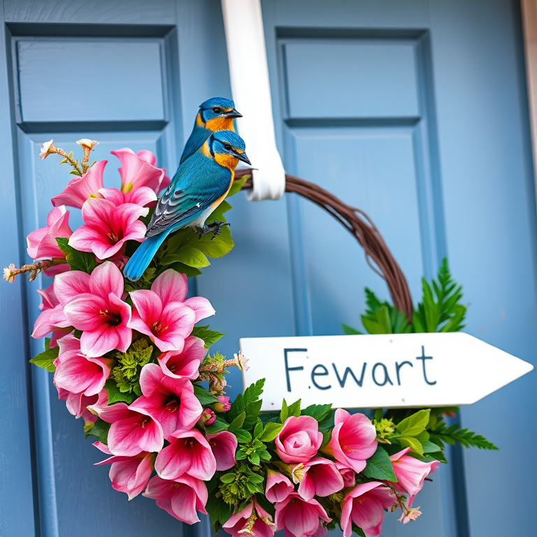 Create a vibrant floral wreath design featuring two bluebirds perched on top, adorned with pink flowers and green foliage, complemented by a white directional sign, captured with a Canon EOS R5, 50mm f/1.2 lens, natural light, and shallow depth of field for enhanced detail and color saturation.