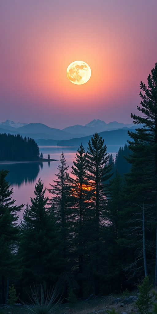 Create a high-resolution image of a surreal landscape featuring a glowing moon over a tranquil lake with pine trees in the foreground, captured with a Canon EOS R5, 24mm lens, f/2.8, ISO 100, long exposure at 30 seconds, captured at twilight with soft lighting and rich colors.