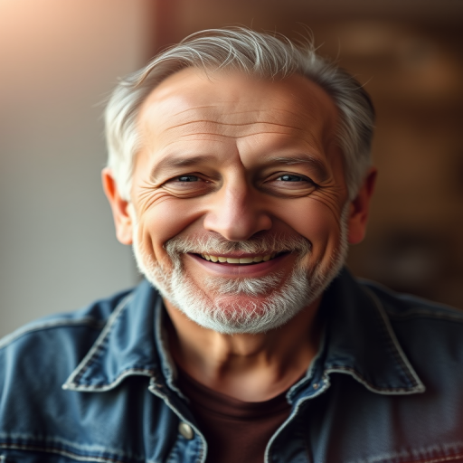 portrait of an older man with a warm smile wearing a denim jacket, soft focus background, dramatic lighting, 50mm lens, aperture f/1.8, ISO 100, natural light, shallow depth of field, DSLR camera