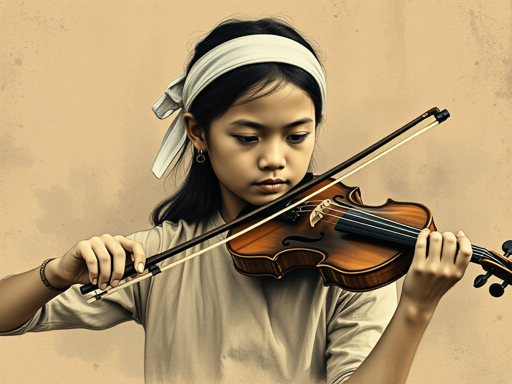 a young Cambodian woman with a white headband playing a violin, in the style of a charcoal drawing, sepia grunge background