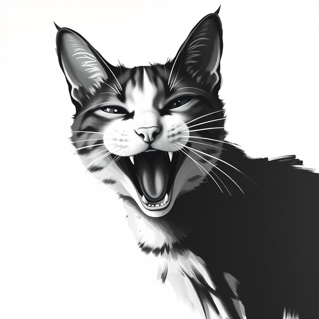 Abstract black and white acrylic portrait of an over exaggerated laughing (cat). Minimalism style. White background.