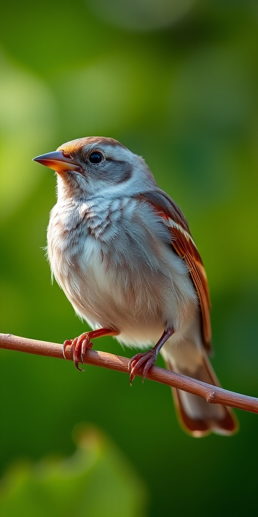 Capture a detailed close-up of a sparrow perched on a branch with a blurred green background, using a DSLR camera with an aperture of f/2.8, shutter speed of 1/200s, ISO 400, in natural light for enhanced image quality.