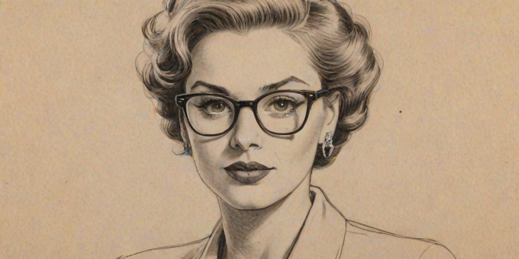 Magnificent Elle Duncan, pencil sketch, portrait of Appealing woman 1949s in glasses, hair style beatnik, outline, clear lines, fine lines, 8k