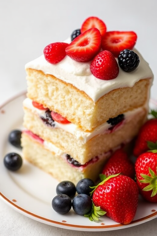 A slice of layered vanilla cake with whipped cream frosting and mixed berries on top served on a plate with fresh strawberries and blueberries on the side. The cake has a light and fluffy texture with visible layers of cream and berries.