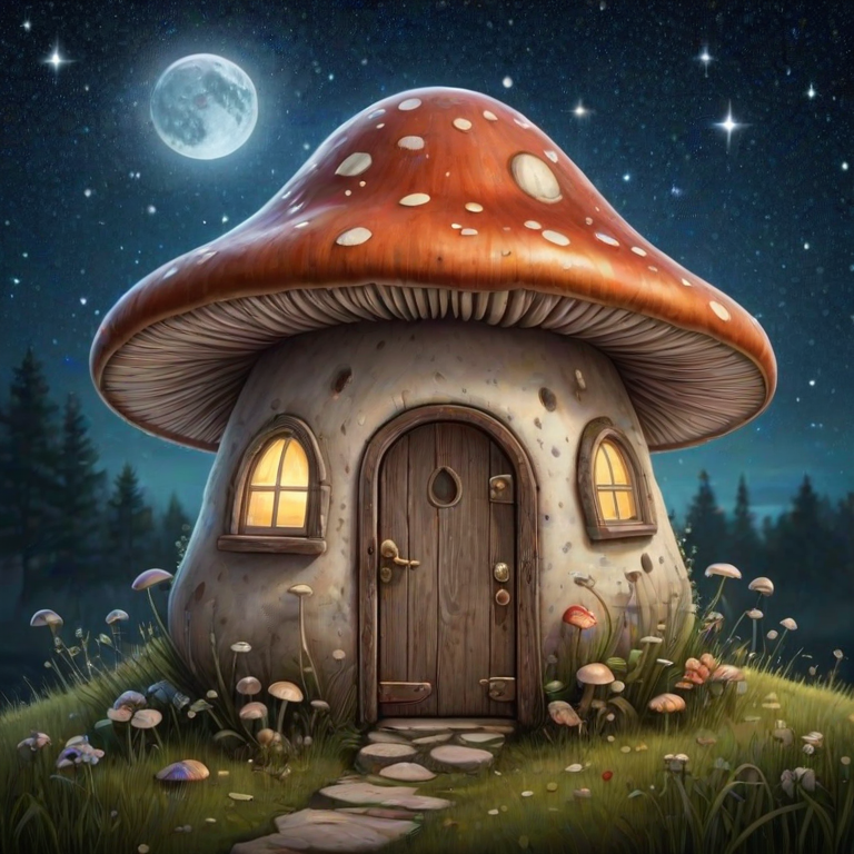 this image is illustration of a mushroom house with a door and a window, a storybook , fantasy art, mushroom house, bg starry sky, sparkles