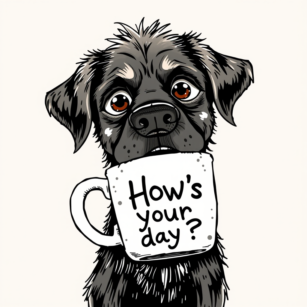 A quirky, artistic illustration of a disheveled springador dog breed with exaggerated, large eyes and spiky fur, holding a coffee mug that reads "How's your day?". The dog has a tired but humorous expression, with Cream ink splatters