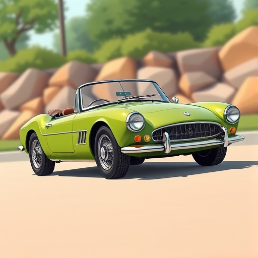 regenerate a cartoon-style illustration of a vintage green convertible sports car in a dynamic angle, using a DSLR camera at 50mm lens, aperture f/2.8, ISO 100, natural lighting with a shallow depth of field to enhance color vibrancy and detail.