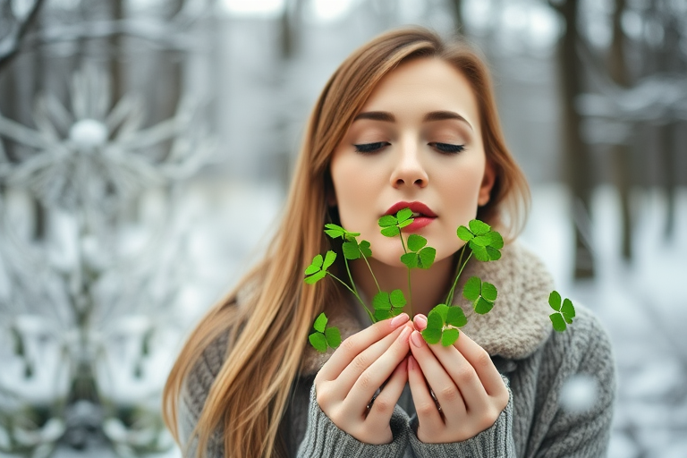 Create a portrait of a woman blowing green clovers in a snowy forest, with soft focus, shot with a 50mm lens at f/1.8, ISO 100, and a shutter speed of 1/200s, using a Canon DSLR with vibrant colors and a dreamy atmosphere.